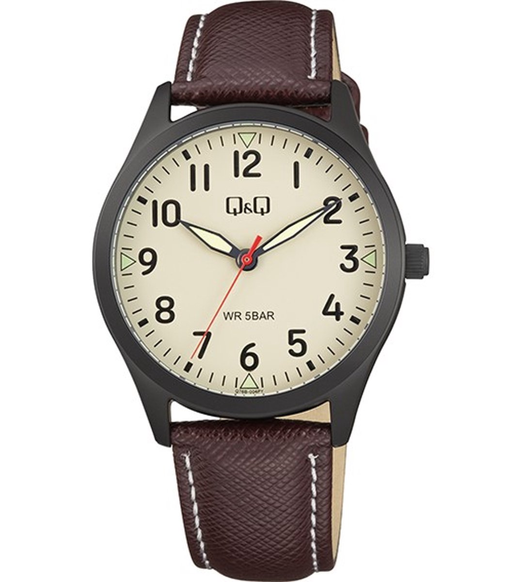 QQ Q76B-004PY - Horloge - Polshorloge - Analoog - Mannen - Vrouwen - Leren band - Rond - Metaal - Cijfers - BordeauxRood - Zwart - Crème-Beige