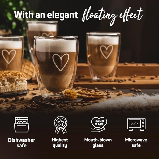 Set de Verres à latte macchiato à double paroi (4x 350 ml) - Verre thermos en cristal transparent - Idéal pour le Cappuccino - Verres à Café et Thee latte macchiato