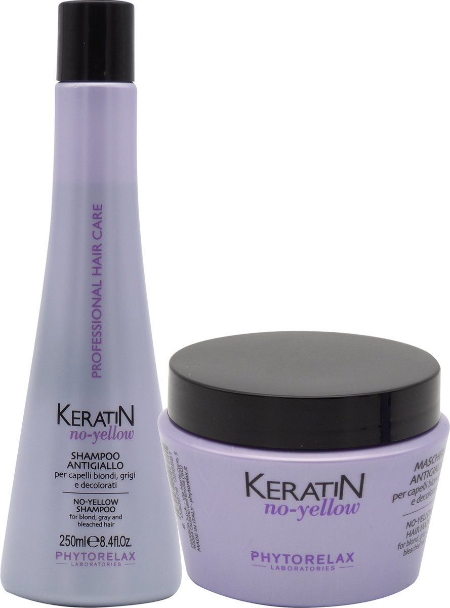 Phytorelax Keratin No-Yellow Shampoo + Haarmasker Voordeelverpakking – Zilvershampoo en Haarmasker voor Blond, Grijs of Gebleekt Haar – 2 x 250ml