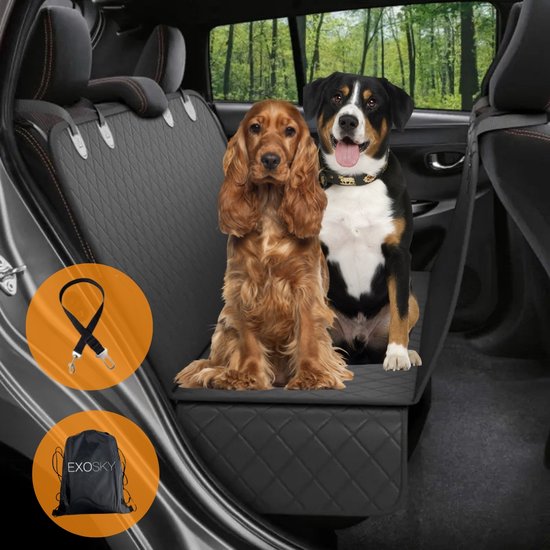 EXOSKY ® Hondendeken Auto Achterbank en Kofferbak - 137 x 147 CM - Beschermhoes - Hondenkleed - Honden Deken Auto Achterbank - Incl. Hondenriem En Opbergzak - ZWART