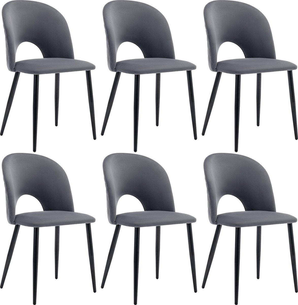 Merax Eetkamerstoelen Set van 6 - Design Polsterstoelen met Rugleuning - Zitting van Fluweel - Stalen Onderstel - Verstelbare Voeten - Diamantpatroon - Grijs