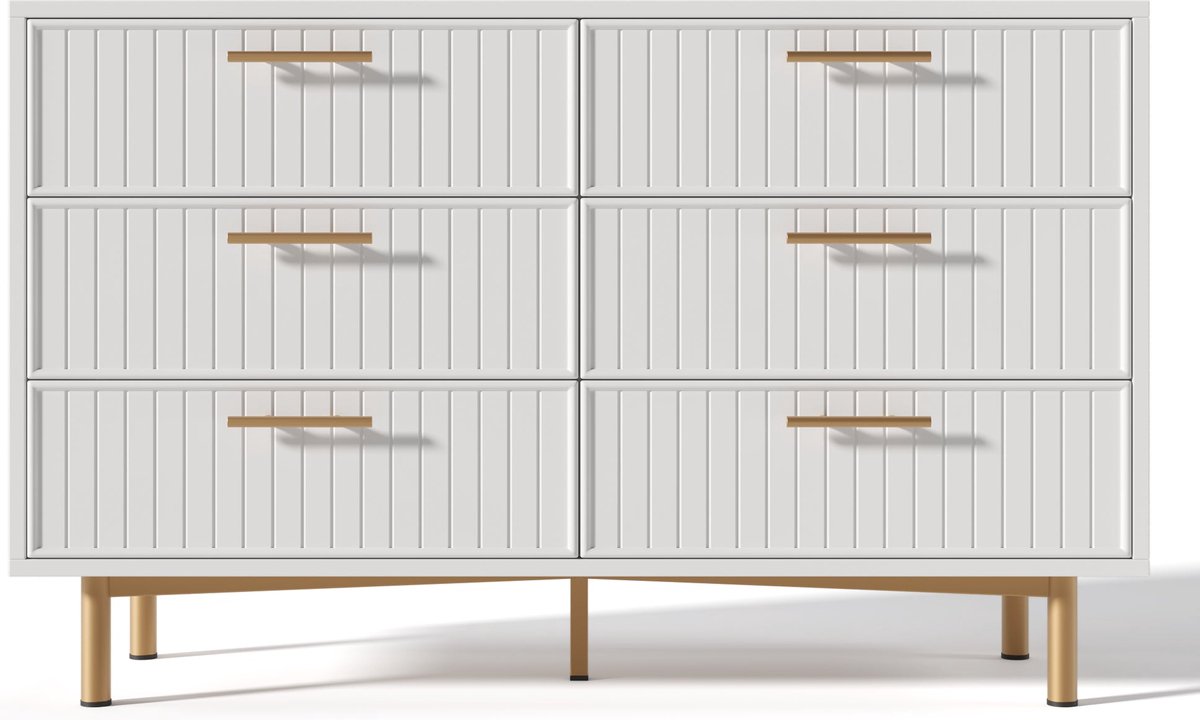 Merax Ladekast met 6 Laden - Wit - Moderne Kommode voor Slaapkamer en Woonkamer - 120x40x75 cm - Stijlvolle Opbergoplossing met Gouden Accenten