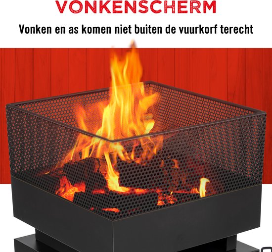 Brandende vuurkorf met een zwart, geperforeerd vonkenscherm.