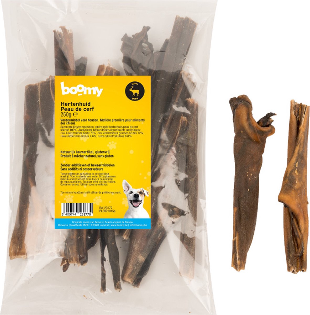 Boomy - Hertenhuid van 15cm - Natuurlijke hondensnacks - Gedroogd vlees - Gezonde kauwsnacks - Kauwstaaf hond - 250g