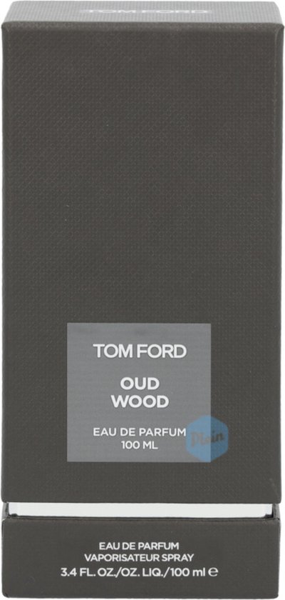 Grijze, gestructureerde doos voor Tom Ford Oud Wood Eau de Parfum 100 ml.