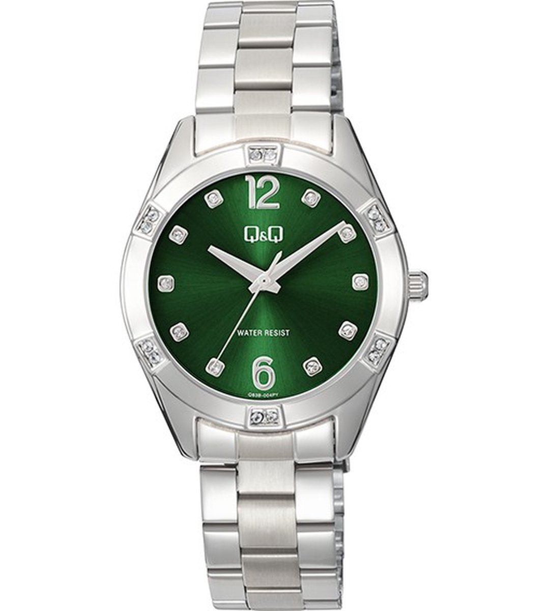 QQ Q83B-004PY - Horloge - Polshorloge - Analoog - Dames - Vrouwen - stalen band - Metaal - Overig - Cijfers - Stippen - Briljanten - Zilverkleurig - DonkerGroen