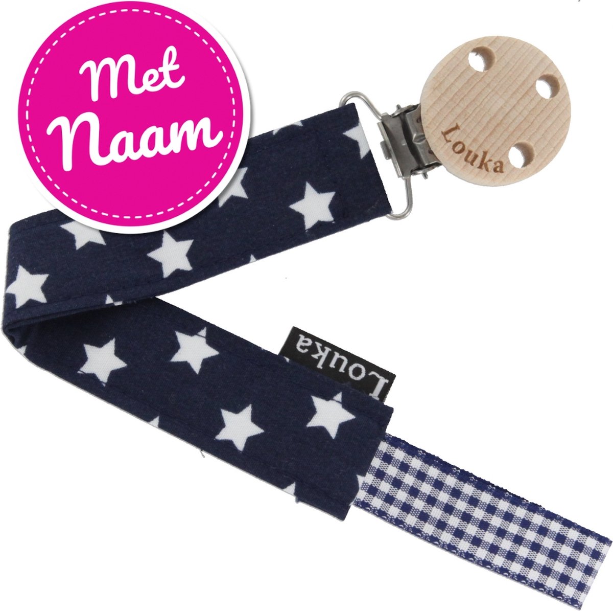 Goedkoopste Louka speenkoord met naam donkerblauw met witte ster de luxe - houten clip