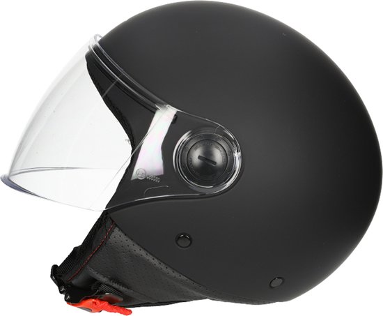 Casque noir mat avec visière, intérieur gris foncé et surpiqûres rouges.