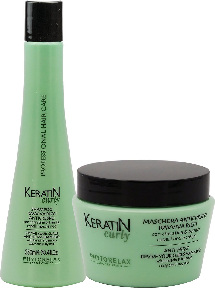 Phytorelax Keratin Curly Anti-Frizz Shampoo + Haarmasker Voordeelverpakking – voor Krullen of Pluizig Haar – met Keratine & Bamboe – 2 x 250ml