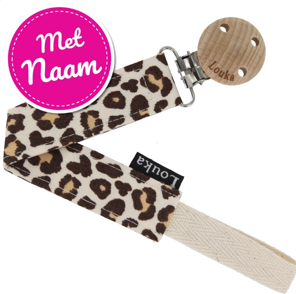 Goedkoopste Louka speenkoord panter met naam -speenketting - katoen - bruin