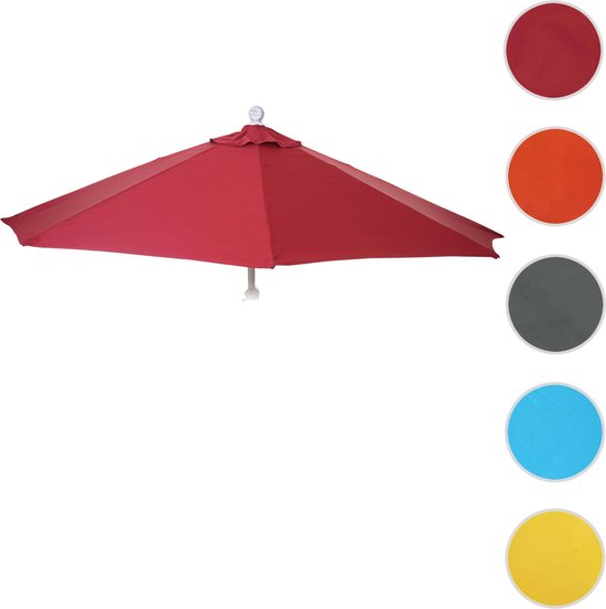 Bordeauxrode parasol, open, met kleuropties.