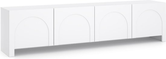 Wit tv-meubel met vier rondboogvormige deuren.