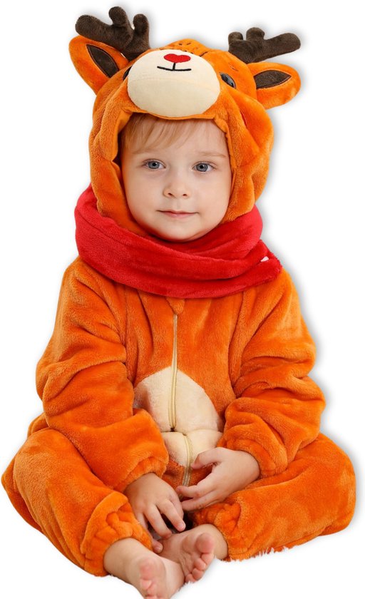 BoefieBoef Dieren Kleuter Onesie Peuter Pyjama Kinderen 2 tot 4 jaar – Verkleedkleding met Luierrits – Carnaval Dierenpak - Kerst en Kraamcadeau - Zacht Flanel - Baby Kerst - Boxpak - Jongen - Meisje - Kruippak - Winterpak - Hert - rendier - bruin