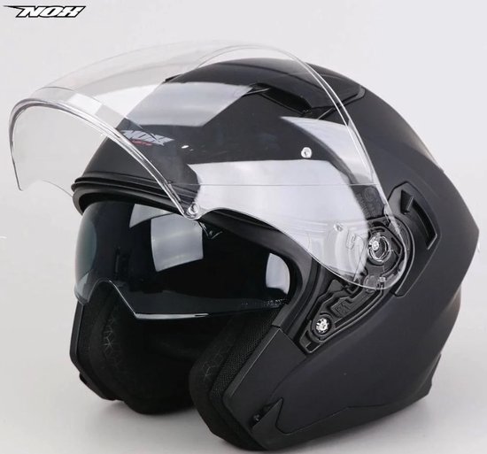 Nox N130 jethelm - Scooter helm met ingebouwd getint zonnevizier en lang helder vizier - Matzwart - Maat S - ECE 22 06