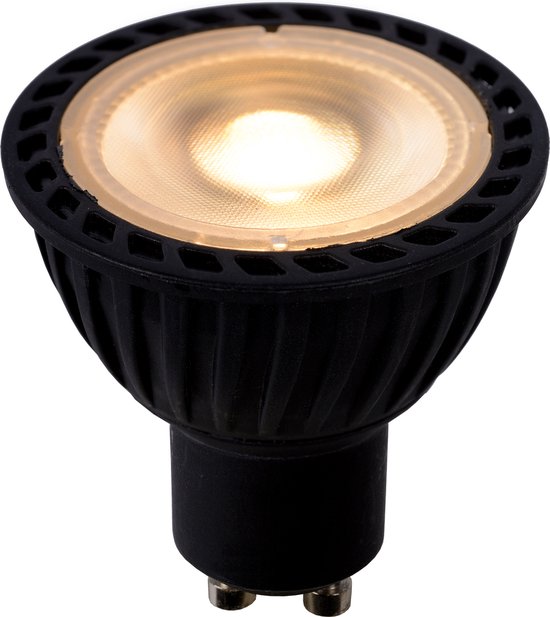 Lampe LED GU10 noire avec lumière chaude, isolée sur fond blanc.