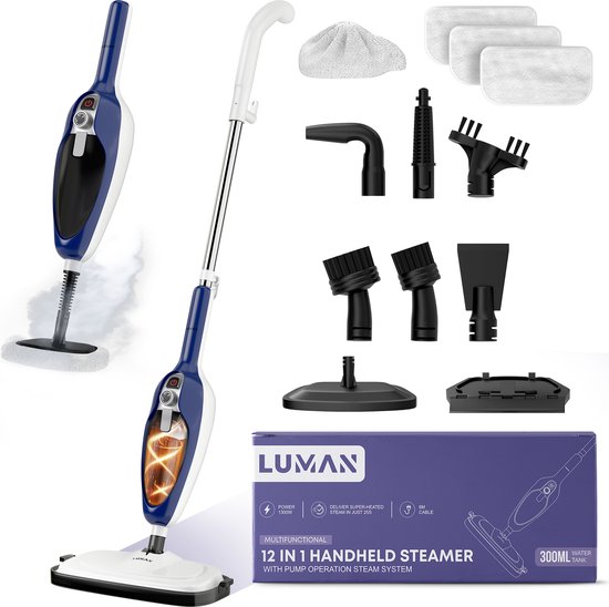 LUMAN 12 in 1 Stoomreiniger Én Handstomer V1 - Tapijtreiniger - Vlekkenreiniger - Met Aanpasbare Stoomkracht - Met 10 Opzetstukken en 3 Microvezeldoeken - Blauw