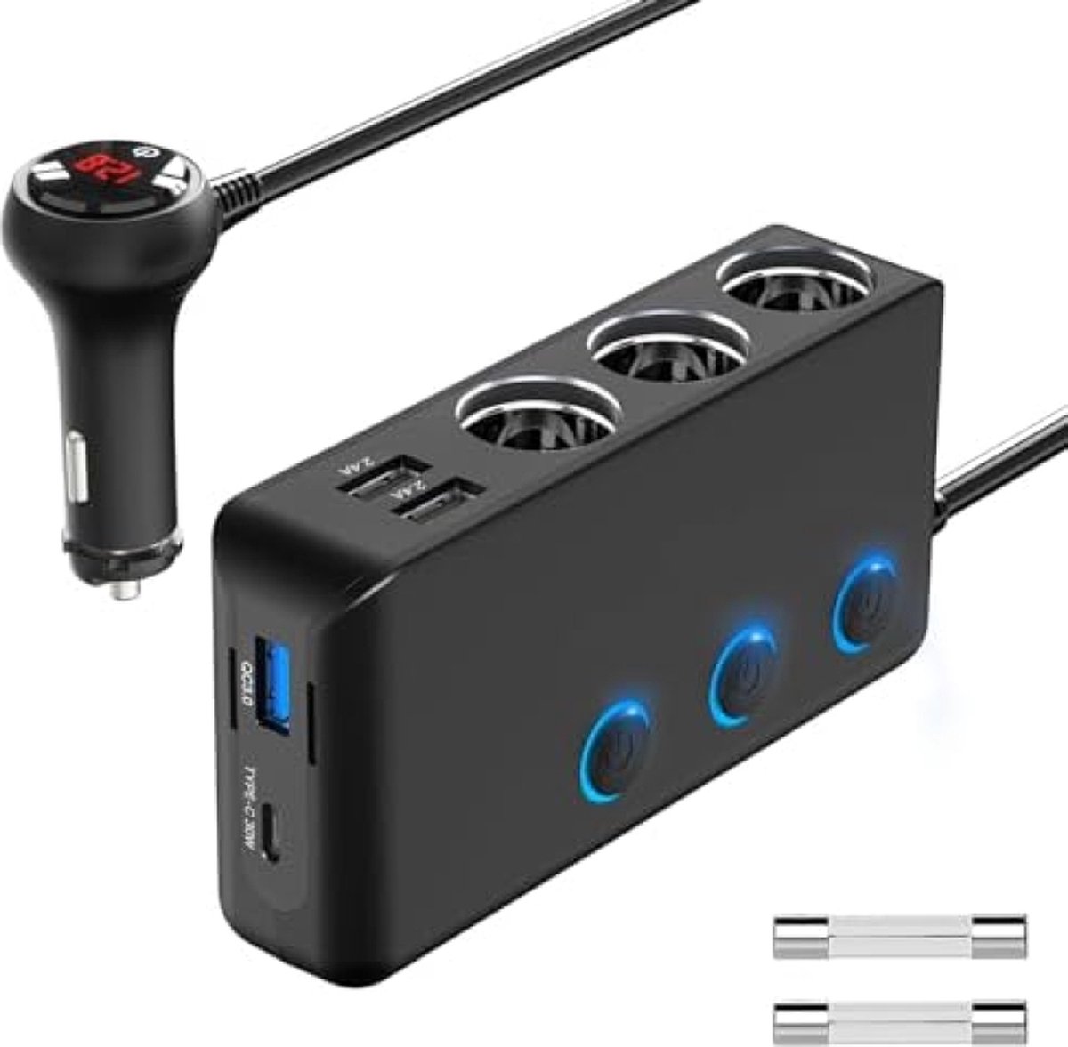 Goedkoopste 3 Stuk PD 30W Sigarettenaansteker Splitter van Auto 200W Qidoe USB-C & QC 3.0 Verdeler Adapter DC 12V/24V Autolader met 3 Stopcontact 4 USB Oplaadpoorten LED Voltmeter voor Mobiele Telefoon GPS DashCam Navi