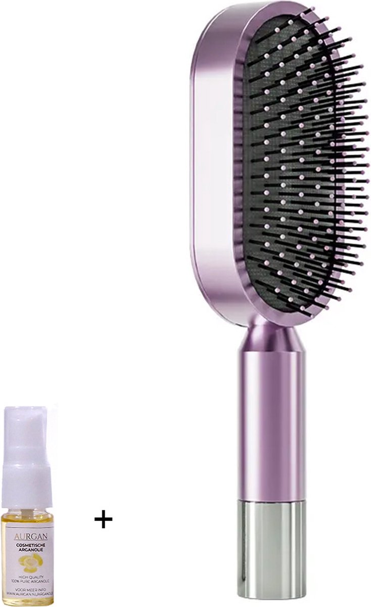 Aurgan Haarborstel Chrome - Paars – Comfortabele Luchtkussen met drainage – Droog en Nat te Gebruiken - incl 10 ml arganolie