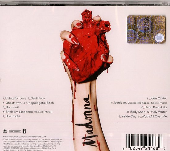 Madonna's hand met rode nagellak die een nep hart vasthoudt met de tekst "Madonna" erop getatoeëerd. Tracklist en barcode zichtbaar.