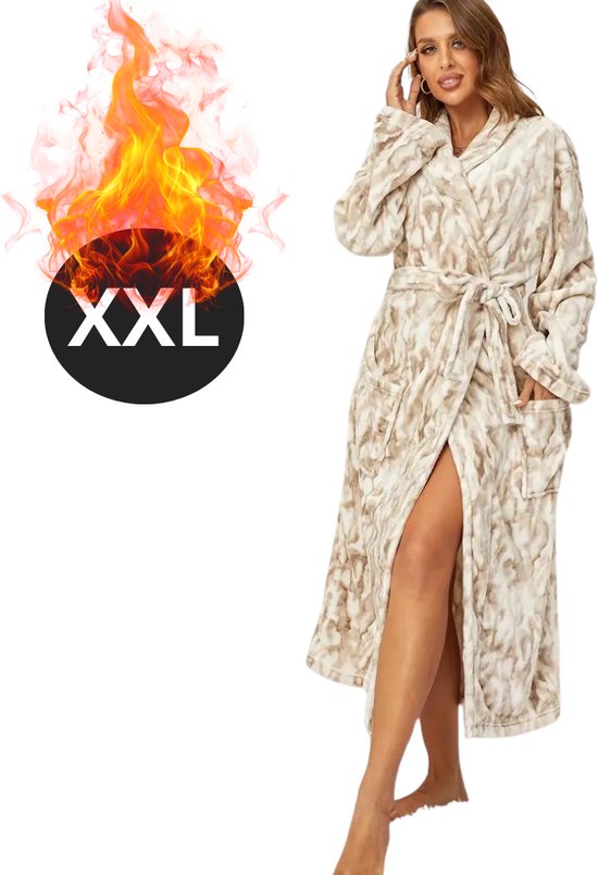 Nivard Badjas Dames - Fleece - Katoen - Badstof - Sauna - Hamam - Wafel - Bathrobe - Duster - Ochtendjas - Spa - Kimono - Beige XXL
