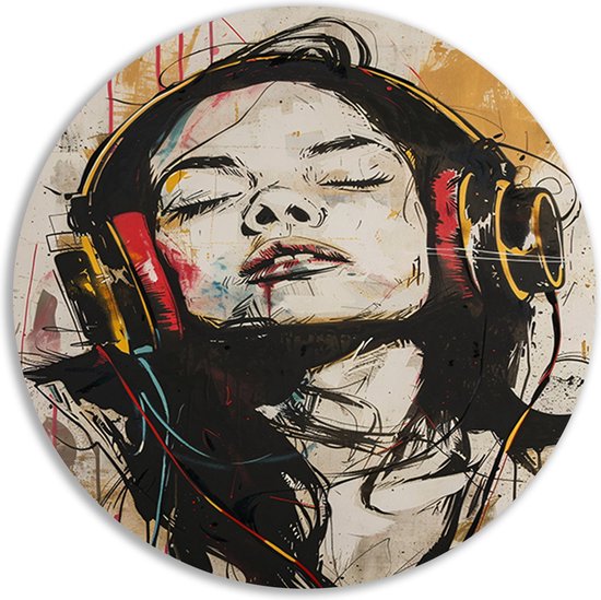 muziek banksy wandpaneel - Hoofd wandcirkel - Muurcirkel Portret - Landelijk schilderij - Schilderij - Wanddecoratie muurcirkel forex 60x60 cm