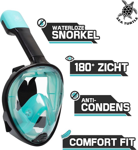 Turquoise snorkelmasker met zwart frame en elastiek. "Waterloze snorkel", "180° zicht" en "anti-condens".