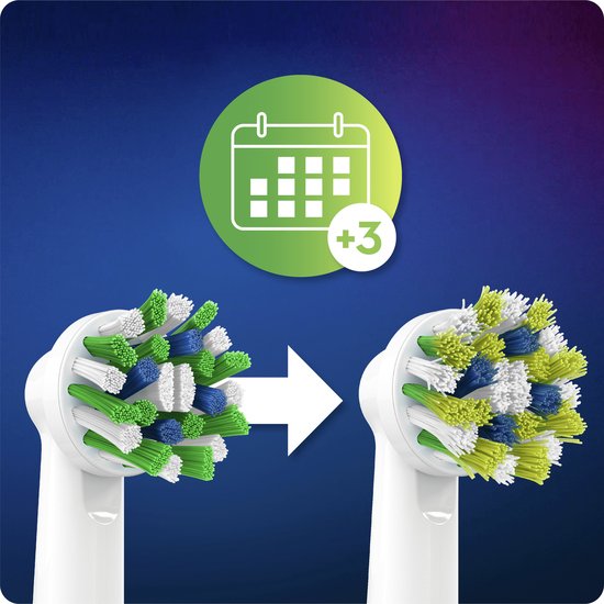 Twee Oral-B opzetborstels met groene, witte en blauwe borstelharen. Een kalender met +3.