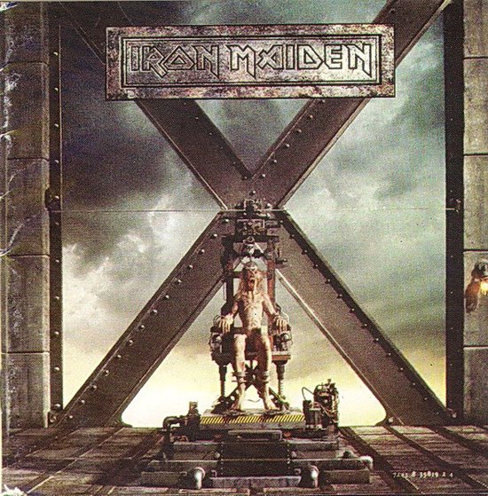 Iron Maiden X Factor albumcover met een figuur in een stoel