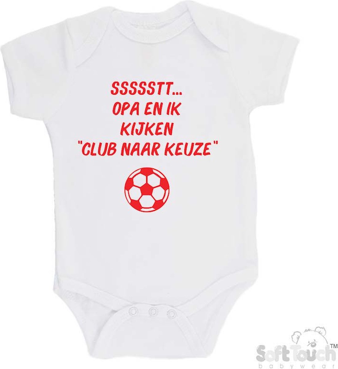Soft Touch Romper Gepersonaliseerd Voetbal Club naar Keuze "ssssstt Opa en ik kijken ...." Unisex Katoen Wit/rood Maat 62/68