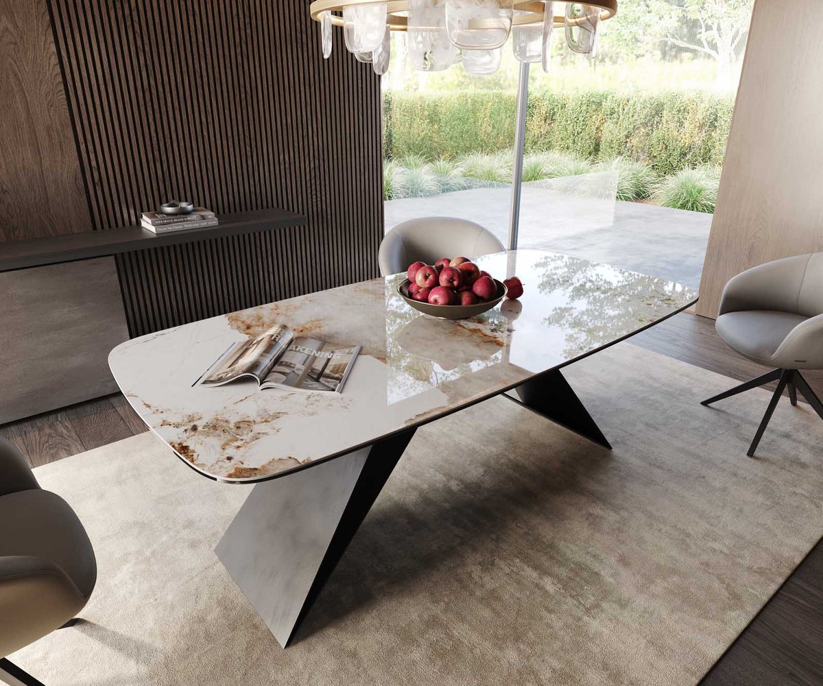 DELIFE Eetkamertafel Edge wit-beige Boot keramiek Minas Melange 200x100 V-frame vlak staal zwart Weiß-Beige