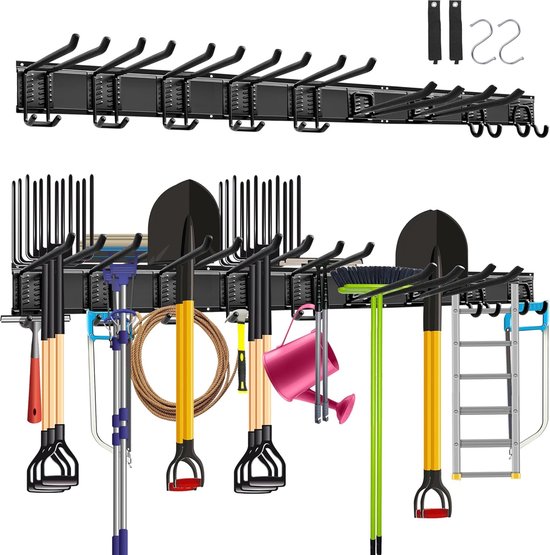 Mimoke Wandhouder garage en tuin gereedschap organizer apparaathouder met meerdere haken voor tuingereedschap, elektrisch gereedschap en meer