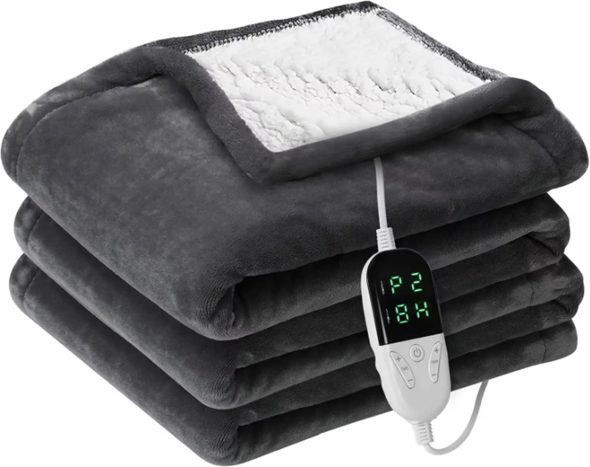 J&R Elektrische Deken - Deken - Warmtedeken - Dubbelzijdig flanel - Flanellen deken - Elektrisch - Wasbaar - Donkergrijs - Grijs - 150x180cm