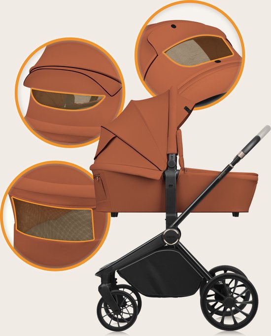 Roestbruine kinderwagen met wieg, met details van de ventilatie-openingen en de zonnekap.