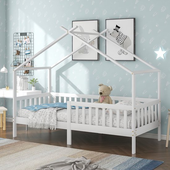 Lit enfant Gutent, Wit (sans matelas) 200x90 cm, lit enfant en bois Massief avec clôture et sommier à lattes, chambre d'enfant et de jeunesse, avec protection antichute