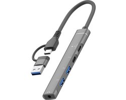 5-IN-1 USB 3.0 en USB-C naar AUX 3.5mm + 2X USB-C + 2X USB 3.0 - adapter kabel hub - geschikt voor o.a. Macbook en Laptops - grijs