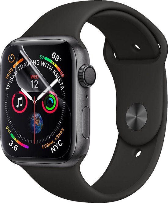 Zwarte Apple Watch met een doorzichtige screenprotector die wordt aangebracht.