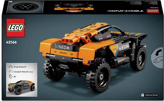 Doos van LEGO Technic 42166 NEOM McLaren Extreme E Team raceauto. De auto is zwart met oranje accenten.