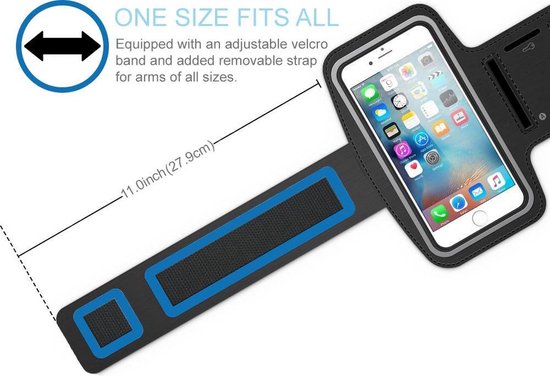 Zwarte sportarmband met een smartphone en een verstelbare klittenbandsluiting. De tekst "ONE SIZE FITS ALL" is zichtbaar.