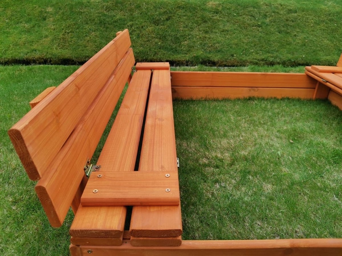 Bac à Sable En Bois Imprégné 116 X 116 Cm – Avec Couvercle, Bancs, Bâche Et Agrotextile – FSC