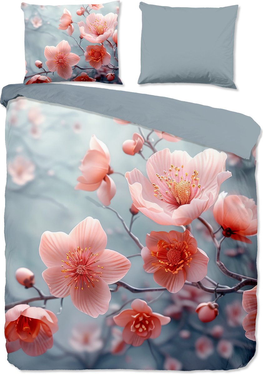 Good Morning dekbedovertrek bloemen - Lits jumeaux 240x200/220 cm - Grijs - 100% Katoen renforce