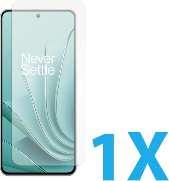 Screenprotector van gehard glas voor een OnePlus telefoon, met de tekst 'Never Settle'. Inclusief '1X' aanduiding.