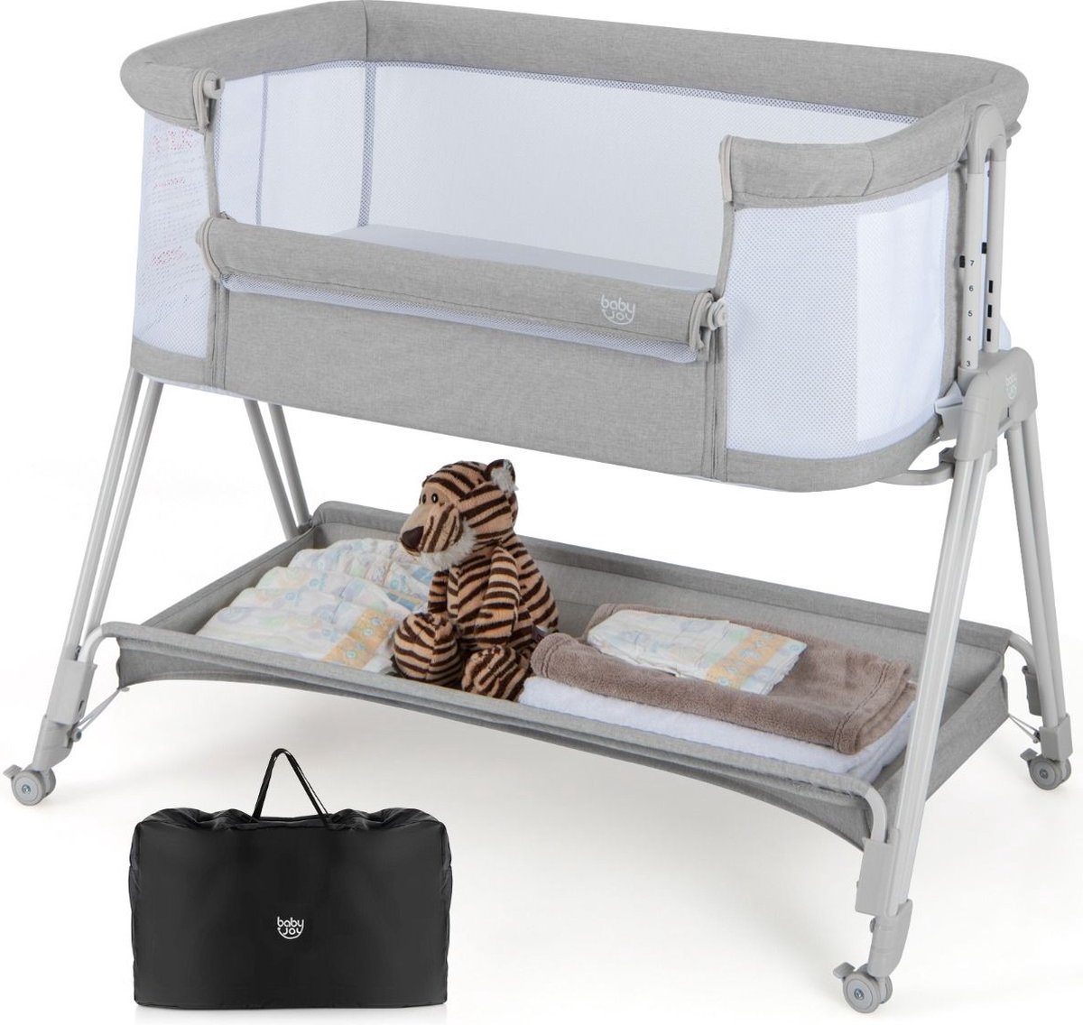 Bol.com SureDeal® - Babybed - Wieg - Bed in Bed - 7 Hoogtes - 97x56x86,5 cm - Met Matras - Verplaatsbaar - Wasbaar - Grijs - Bed... aanbieding