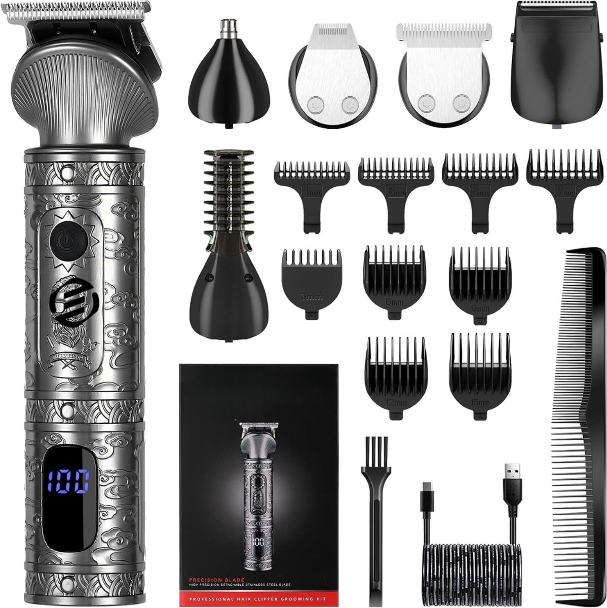 Equivera Baardtrimmer 6-In-1 Multifunctionele Verzorgingsset- Haartrimmer Draadloos LED-Display Opzetstukken