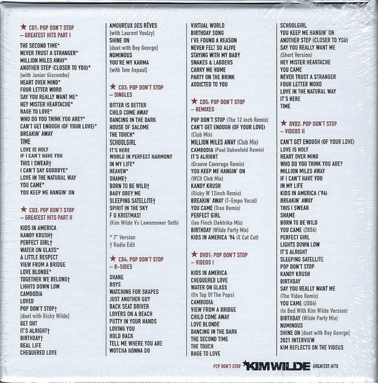 Achterkant van de Kim Wilde Pop Don't Stop Greatest Hits 5CD 2DVD compilatie met lijst van nummers.