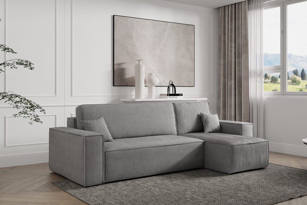 Hoekbank Frenkie - Universeel - Ribstof - Antraciet - Slaapbank met opbergruimte - Lounge Links of Rechts - Direct Leverbaar - Hoekzetel - Chaise longue - Zetel met slaapgedeelte - 3 zits - Zitcomfort Medium