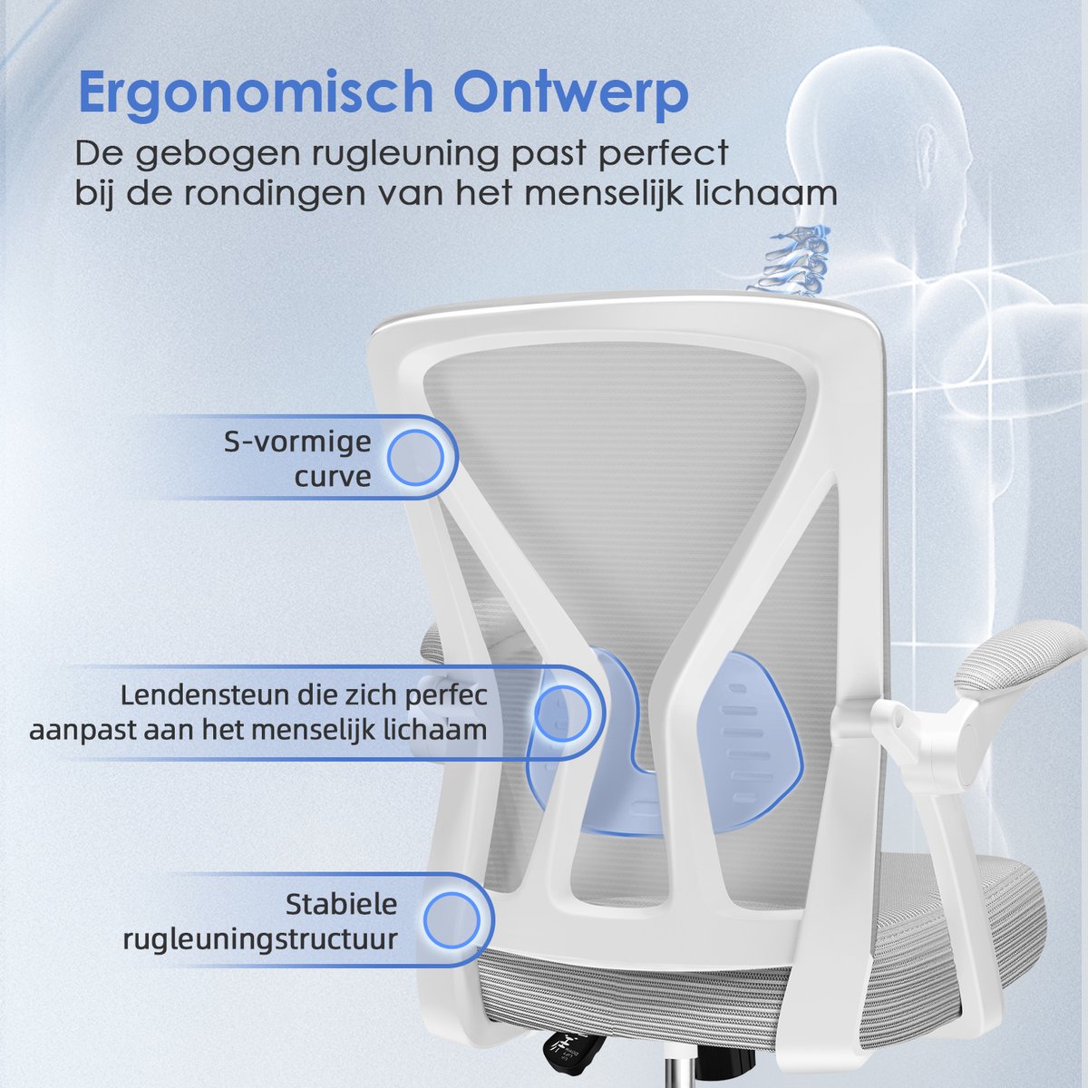 Elekiatech Ergonomische Bureaustoel - Bureaustoel - Opklapbare Armleuningen - Bureaustoelen voor Volwassenen-150 Kg-Grijs thumbnail 3