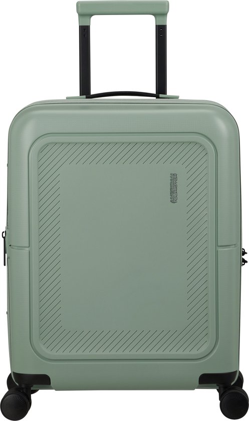 Lichtgroene American Tourister koffer met ritssluiting, cijferslot en handvat.