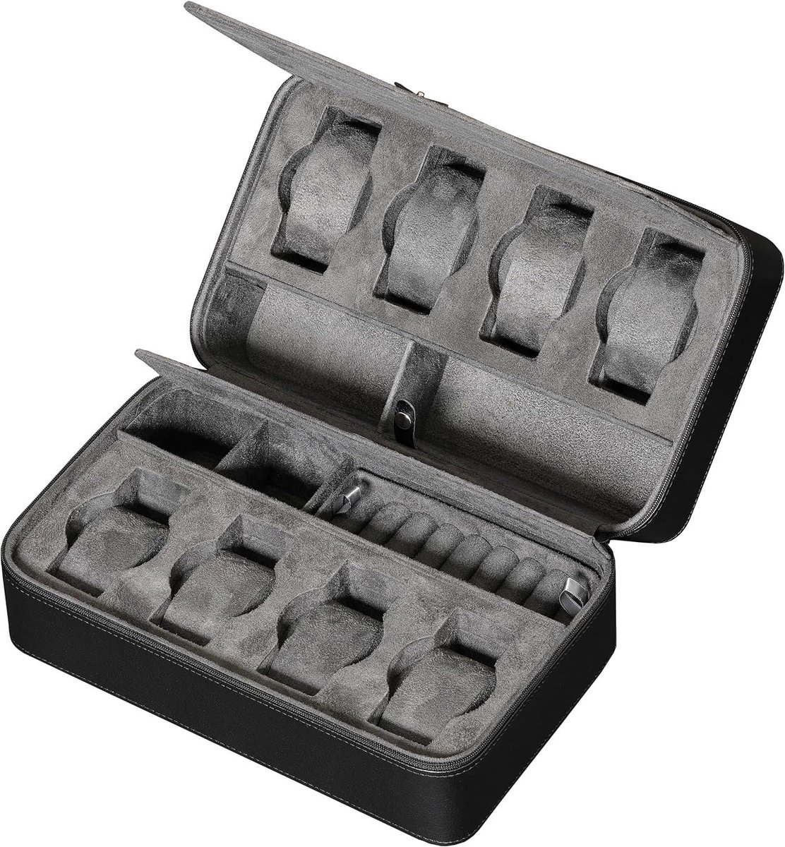 Travel Case voor 8 horloges en 2 paar zonnebrillen - Stoere bescherming met rits - past op horloges tot 50 mm