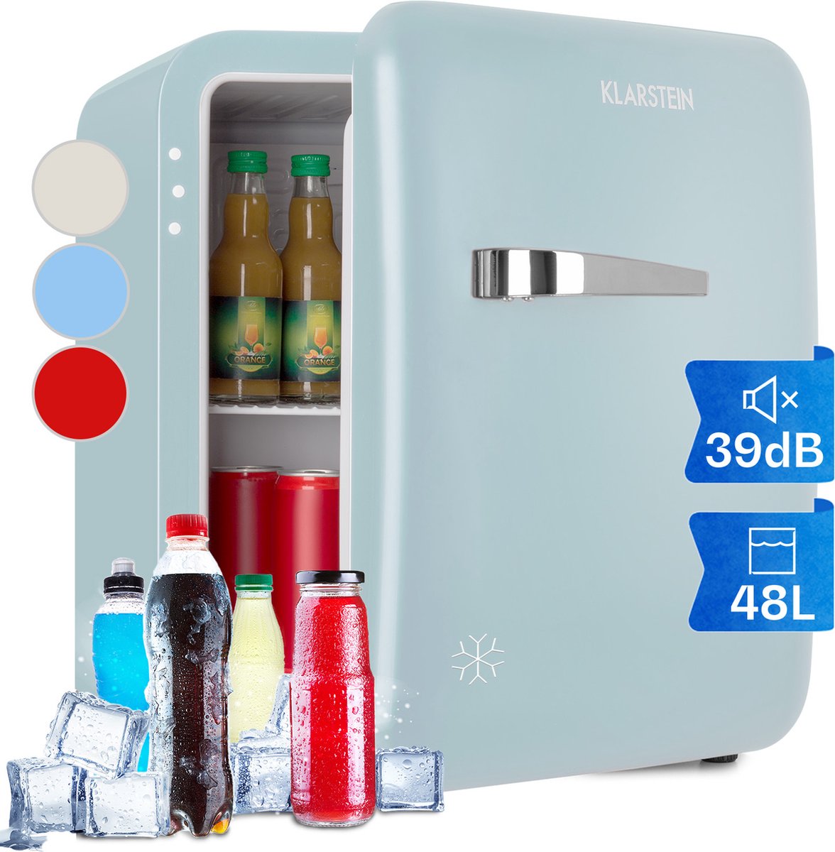 Klarstein minikoelkast voor kamers, 48 ​​liter minikoelkast voor drankjes en cosmetica, kleine minibar, kleine en stille koelkast, verstelbaar schap, kleine huidverzorgingskoelkast 0-10 °C