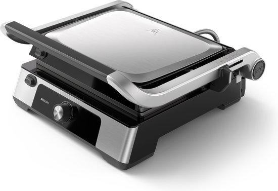Philips Contactgrill HD6301/90 - Uitneembare Platen - 2200W - Extra Groot Formaat – Antiaanbakplaten - Regelbare Temperatuur - Opvangbak - RVS - Zwart